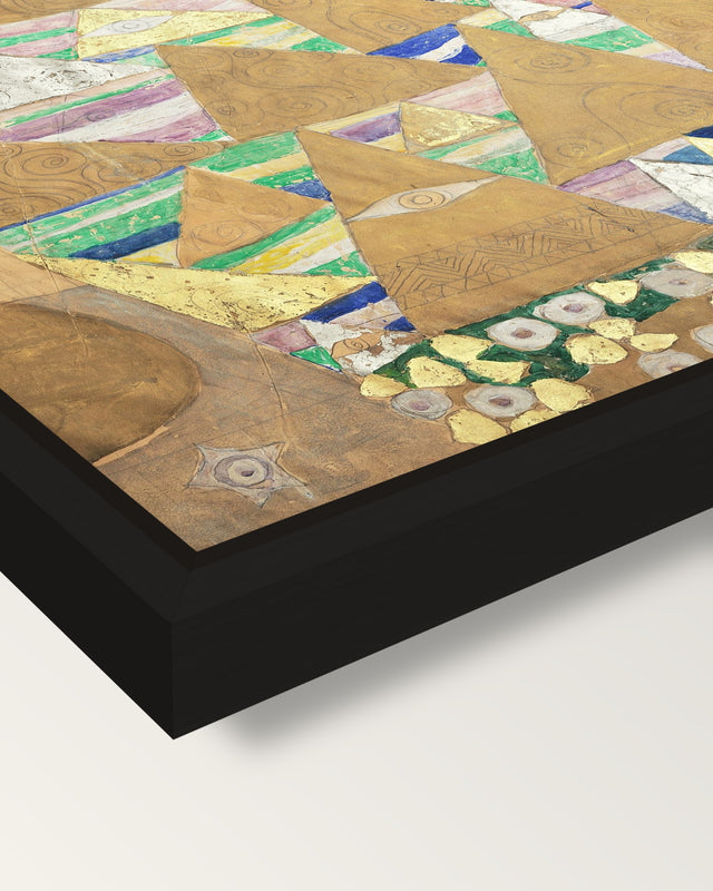 Expectation by Gustav Klimt framed canvas, corner close-up: a black floating frame with a shadow gap round the canvas