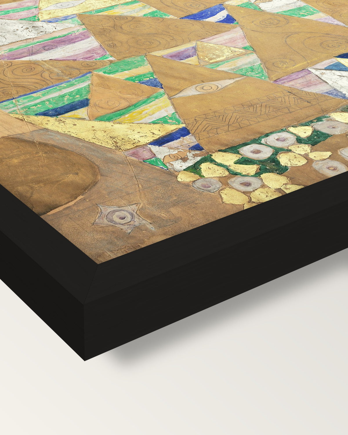 Expectation by Gustav Klimt framed print, corner close-up: black moulding, mitred, the print set just below its edge