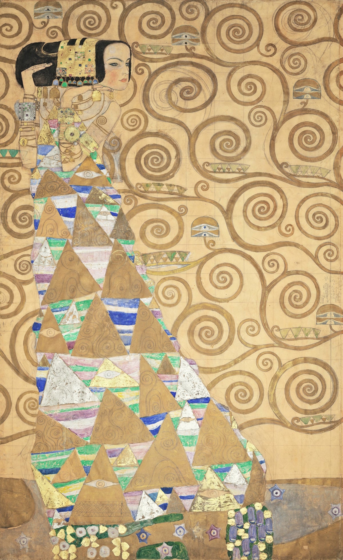 Expectation by Gustav Klimt: a woman in a robe of coloured triangles stands among golden spiralling tree branches