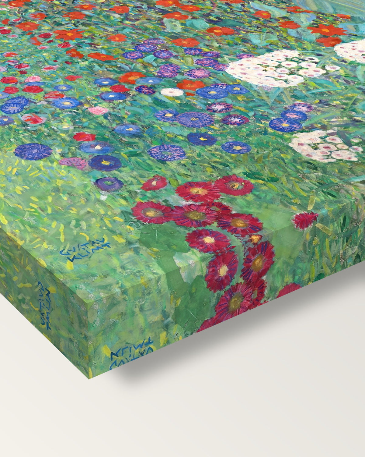 Farm Garden with Sunflowers by Gustav Klimt on stretched canvas, corner close-up: the painting mirror-wrapped round the sides