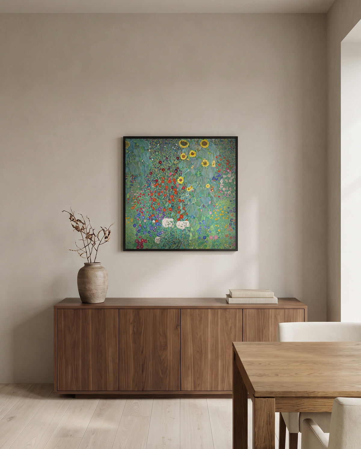 Farm Garden with Sunflowers by Gustav Klimt in a black frame above a walnut sideboard in a dining room