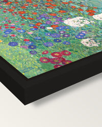 Farm Garden with Sunflowers framed canvas, corner close-up: a black floating frame with a shadow gap round the canvas
