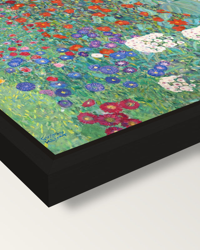 Farm Garden with Sunflowers framed canvas, corner close-up: a black floating frame with a shadow gap round the canvas