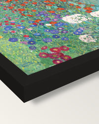 Farm Garden with Sunflowers by Klimt framed print, corner close-up: black moulding, mitred, the print set just below its edge