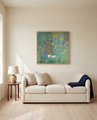 Farm Garden with Sunflowers by Gustav Klimt framed in natural oak above a cream sofa in a warm living room