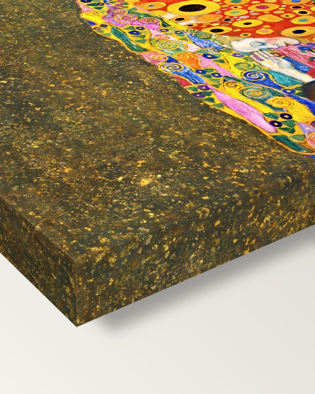 Hope II by Gustav Klimt on stretched canvas, corner close-up: the painting mirror-wrapped round the sides