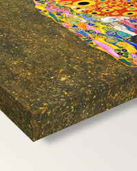 Hope II by Gustav Klimt on stretched canvas, corner close-up: the painting mirror-wrapped round the sides