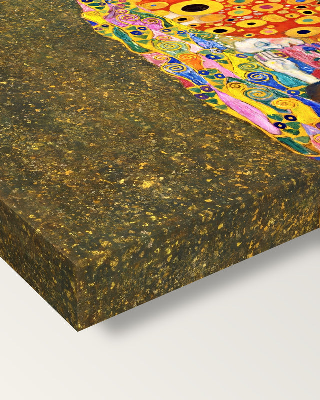 Hope II by Gustav Klimt on stretched canvas, corner close-up: the painting mirror-wrapped round the sides