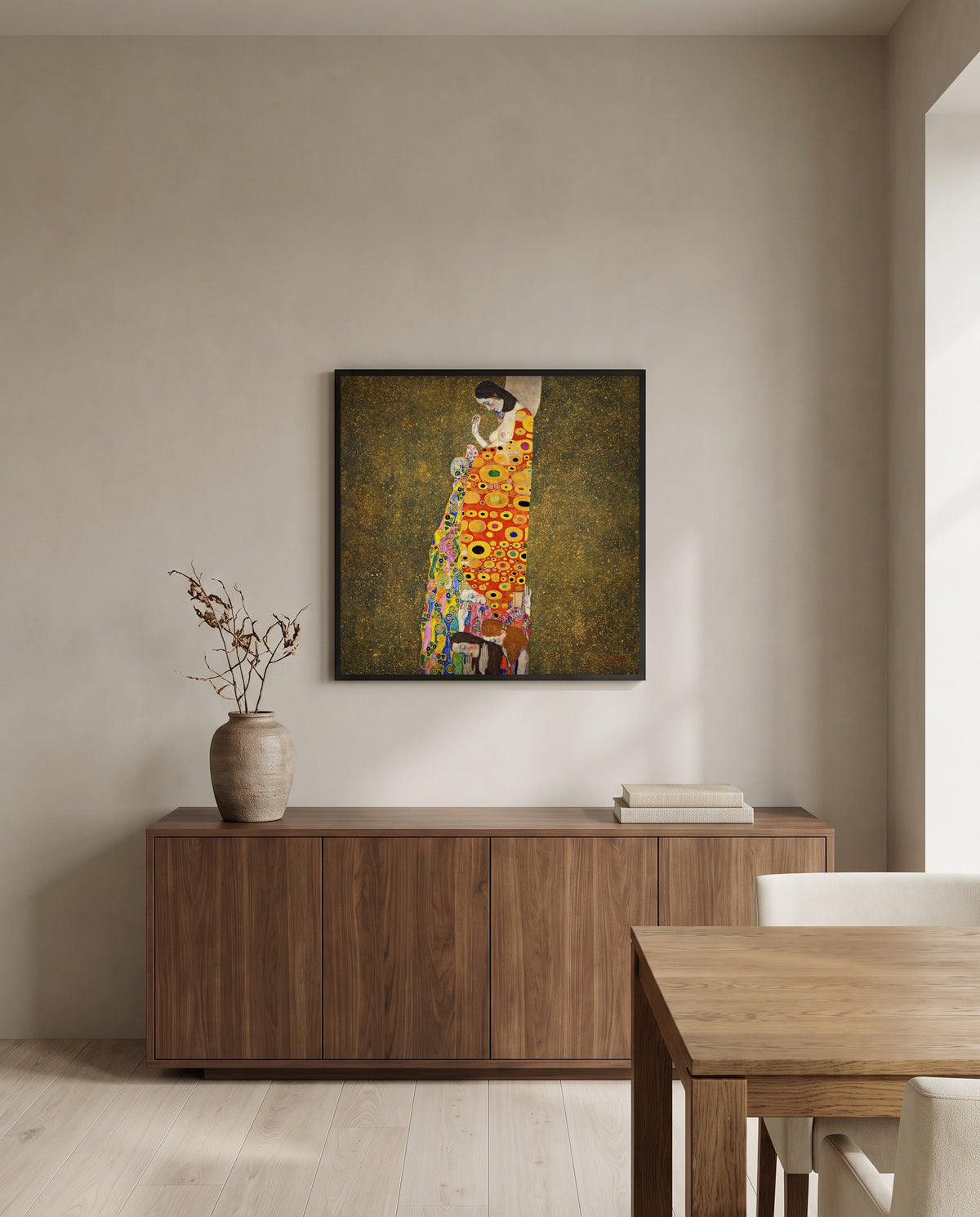 Hope II by Gustav Klimt in a black frame above a walnut sideboard in a dining room