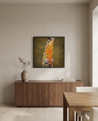 Hope II by Gustav Klimt in a black frame above a walnut sideboard in a dining room
