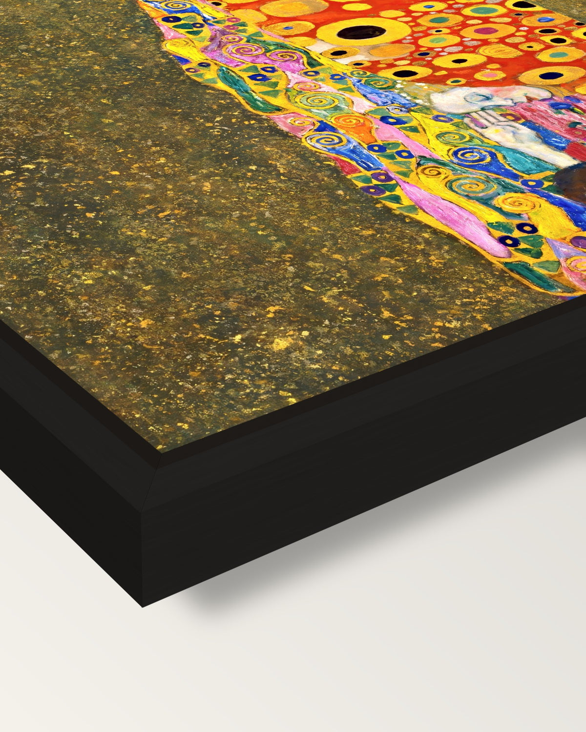Hope II by Gustav Klimt framed canvas, corner close-up: a black floating frame with a shadow gap round the canvas