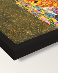 Hope II by Gustav Klimt framed print, corner close-up: black moulding, mitred, the print set just below its edge