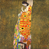Hope II by Gustav Klimt: a woman with closed eyes in a long gold patterned robe, three bowed women below