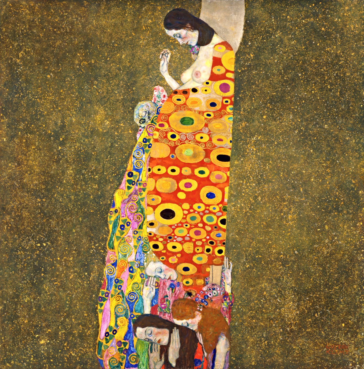 Hope II by Gustav Klimt: a woman with closed eyes in a long gold patterned robe, three bowed women below