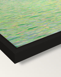 Insel im Attersee by Gustav Klimt framed canvas, corner close-up: a black floating frame with a shadow gap round the canvas