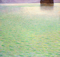 Insel im Attersee by Gustav Klimt: a square canvas of rippling blue-green lake water with a thin strip of island at the top