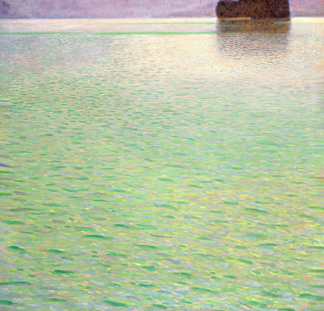Insel im Attersee by Gustav Klimt: a square canvas of rippling blue-green lake water with a thin strip of island at the top