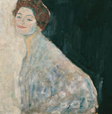 Lady in White by Gustav Klimt: a dark-haired woman in a loose white dotted robe against a plain dark green ground