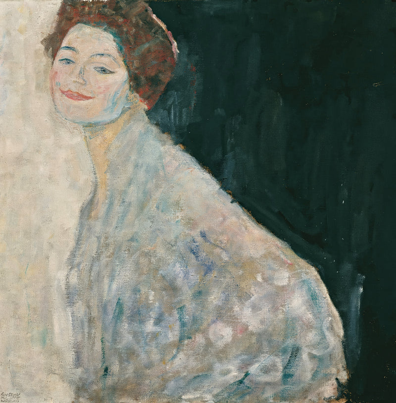 Lady in White by Gustav Klimt: a dark-haired woman in a loose white dotted robe against a plain dark green ground