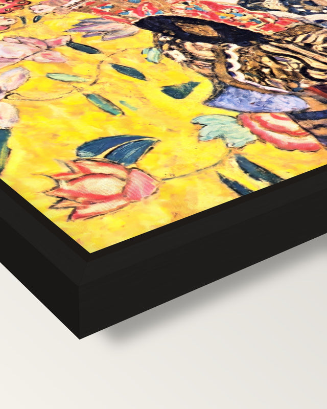 Lady with a Fan by Gustav Klimt framed canvas, corner close-up: a black floating frame with a shadow gap round the canvas