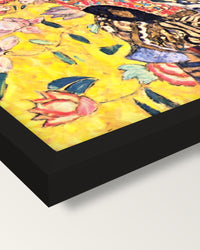 Lady with a Fan by Gustav Klimt framed print, corner close-up: black moulding, mitred, the print set just below its edge