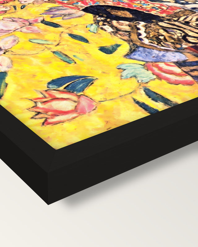 Lady with a Fan by Gustav Klimt framed print, corner close-up: black moulding, mitred, the print set just below its edge