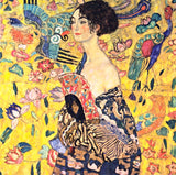 Lady with a Fan by Gustav Klimt: a dark-haired woman with a pink fan before birds and lotus flowers on yellow