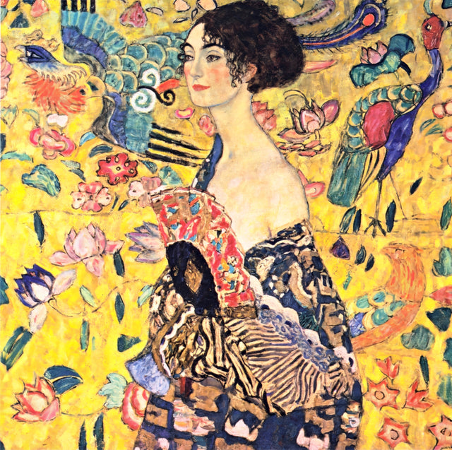 Lady with a Fan by Gustav Klimt: a dark-haired woman with a pink fan before birds and lotus flowers on yellow