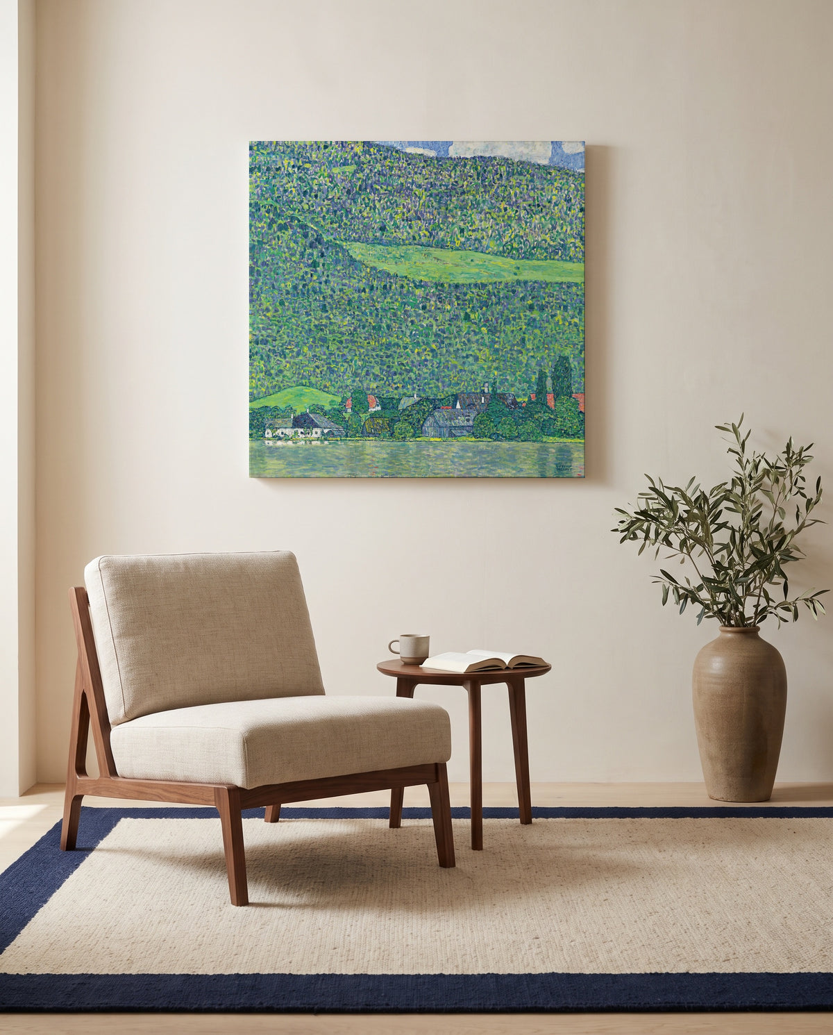 Litzlberg on the Attersee by Gustav Klimt as a stretched canvas above a linen lounge chair in a reading corner