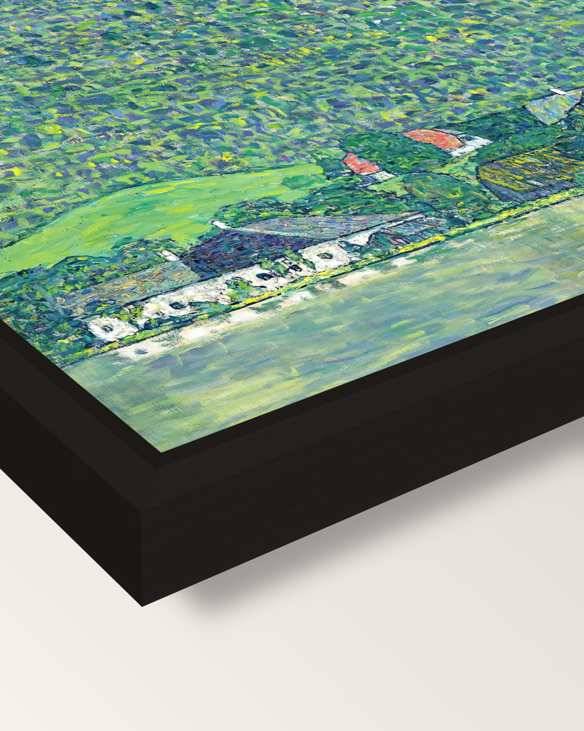 Litzlberg on the Attersee by Klimt framed canvas, corner close-up: a black floating frame with a shadow gap round the canvas
