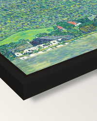 Litzlberg on the Attersee by Klimt framed canvas, corner close-up: a black floating frame with a shadow gap round the canvas