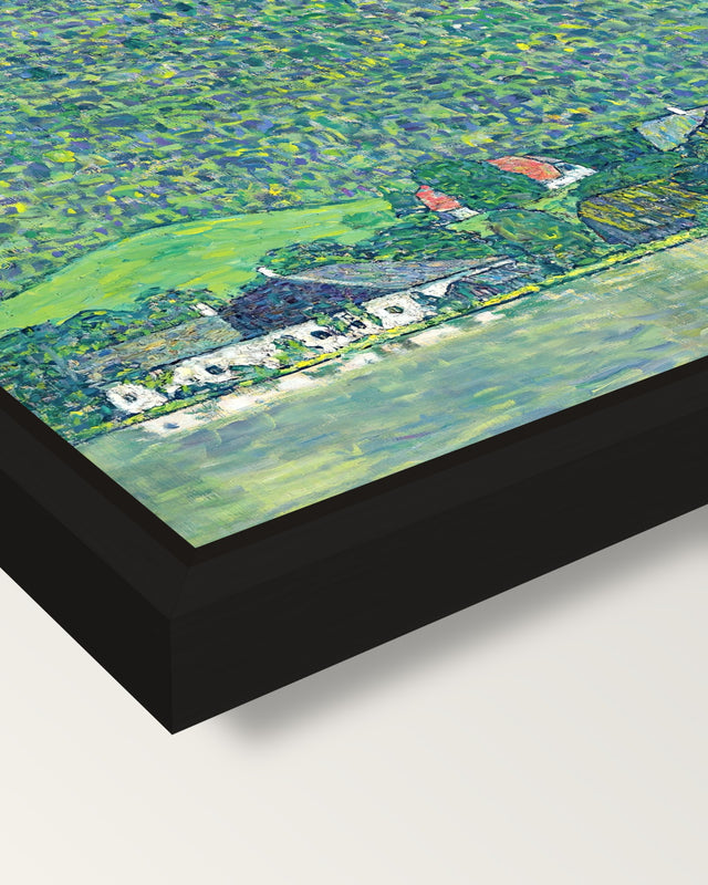 Litzlberg on the Attersee by Klimt framed canvas, corner close-up: a black floating frame with a shadow gap round the canvas