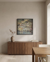 Malcesine on Lake Garda by Gustav Klimt in a black frame above a walnut sideboard in a dining room