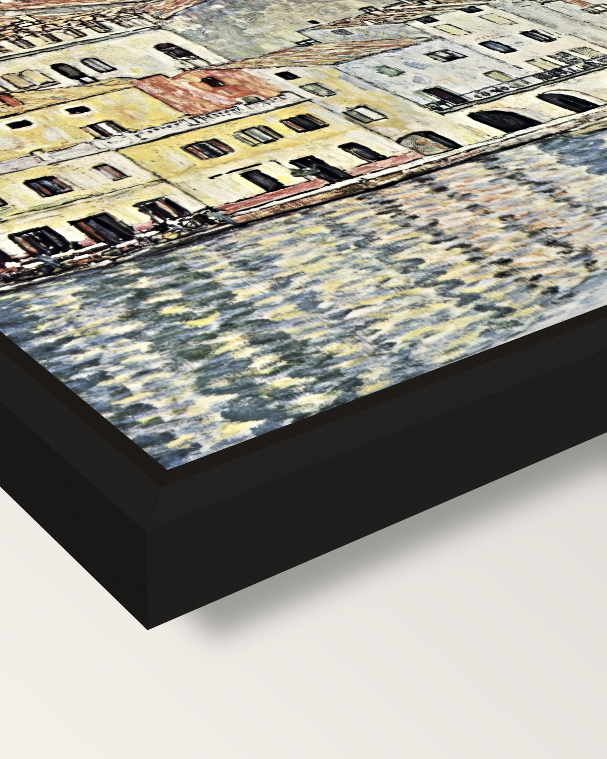 Malcesine on Lake Garda by Klimt framed canvas, corner close-up: a black floating frame with a shadow gap round the canvas