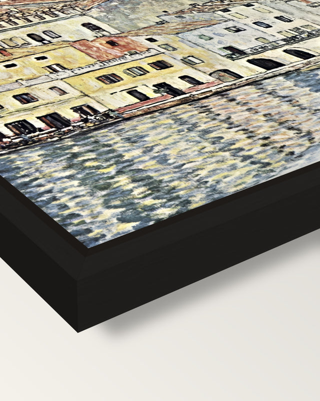 Malcesine on Lake Garda by Klimt framed canvas, corner close-up: a black floating frame with a shadow gap round the canvas