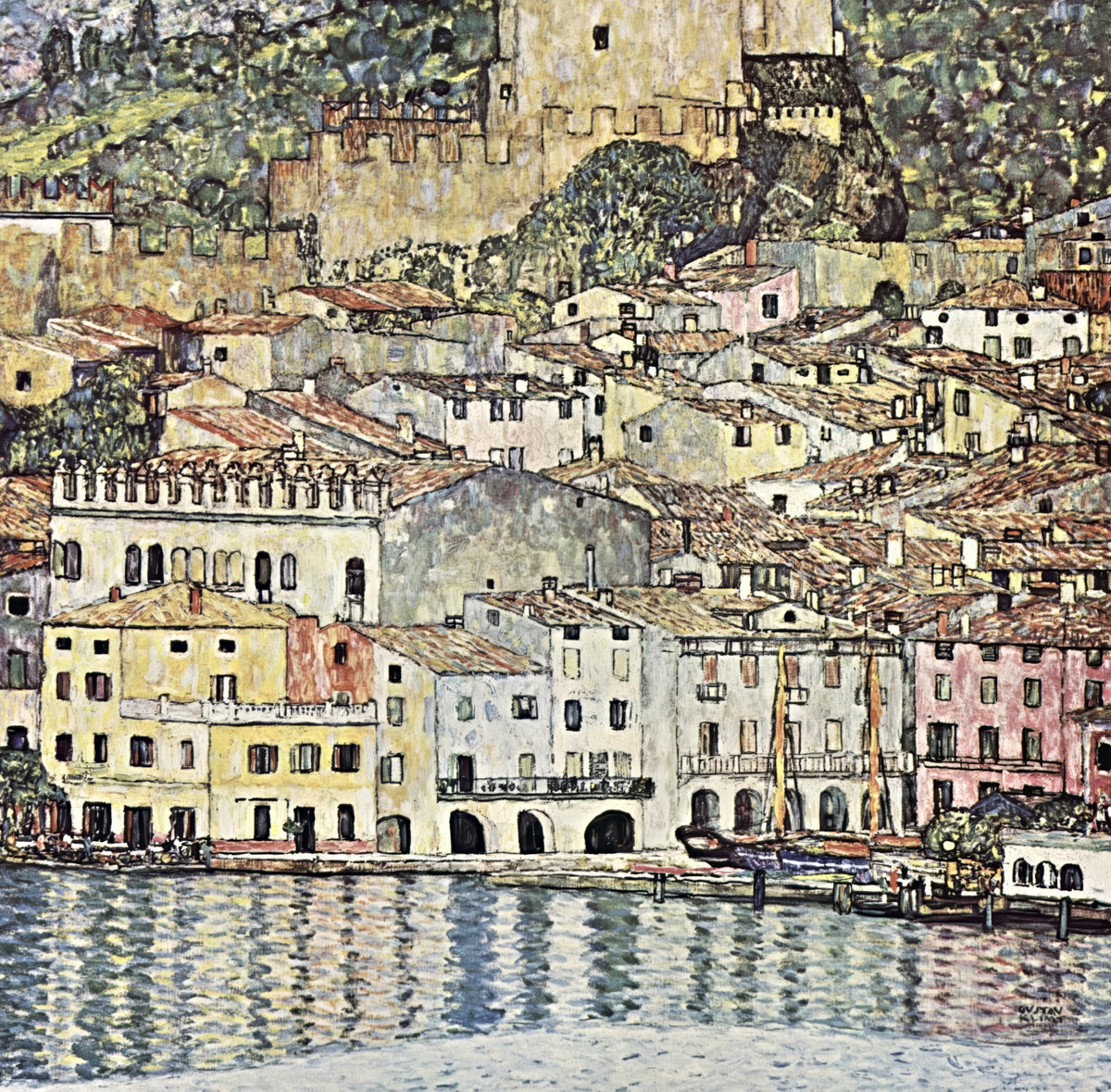 Malcesine on Lake Garda by Gustav Klimt: pastel houses and a castle stacked above the lake, reflected in the water