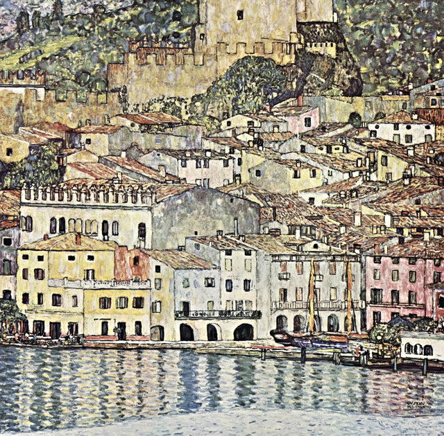 Malcesine on Lake Garda by Gustav Klimt: pastel houses and a castle stacked above the lake, reflected in the water