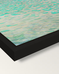 On Lake Attersee by Gustav Klimt framed canvas, corner close-up: a black floating frame with a shadow gap round the canvas