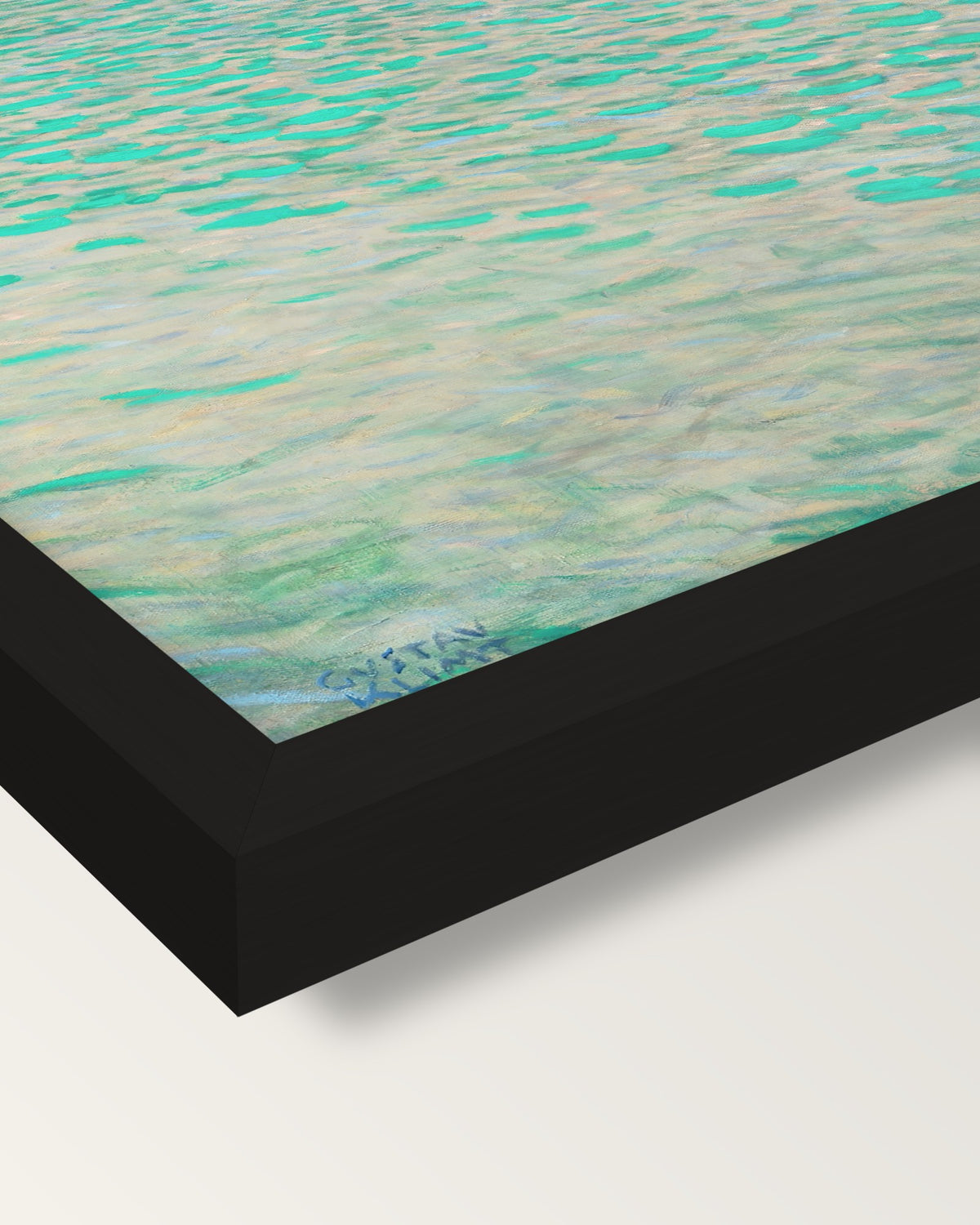 On Lake Attersee by Gustav Klimt framed print, corner close-up: black moulding, mitred, the print set just below its edge