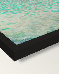 On Lake Attersee by Gustav Klimt framed print, corner close-up: black moulding, mitred, the print set just below its edge
