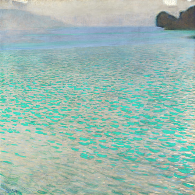On Lake Attersee by Gustav Klimt: a square almost filled with shimmering turquoise lake water, a dark shore at top right