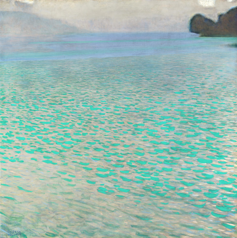 On Lake Attersee by Gustav Klimt: a square almost filled with shimmering turquoise lake water, a dark shore at top right