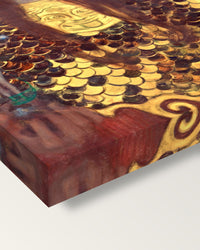 Pallas Athena by Gustav Klimt on stretched canvas, corner close-up: the painting mirror-wrapped round the sides
