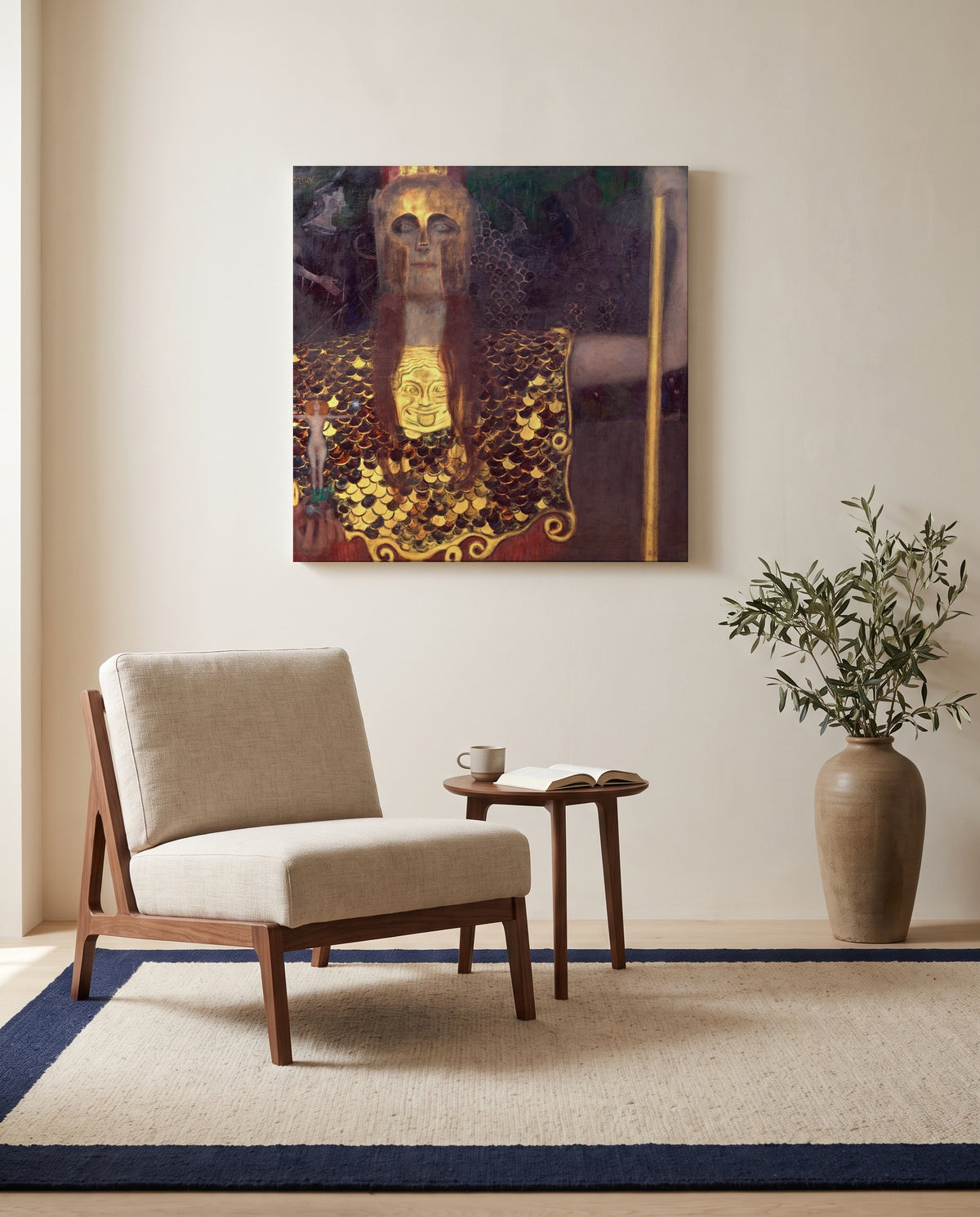 Pallas Athena by Gustav Klimt as a stretched canvas above a linen lounge chair in a reading corner