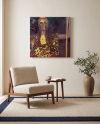 Pallas Athena by Gustav Klimt as a stretched canvas above a linen lounge chair in a reading corner