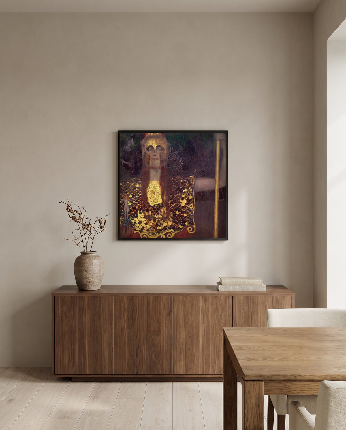 Pallas Athena by Gustav Klimt in a black frame above a walnut sideboard in a dining room