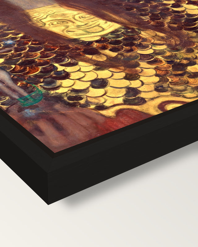 Pallas Athena by Gustav Klimt framed canvas, corner close-up: a black floating frame with a shadow gap round the canvas