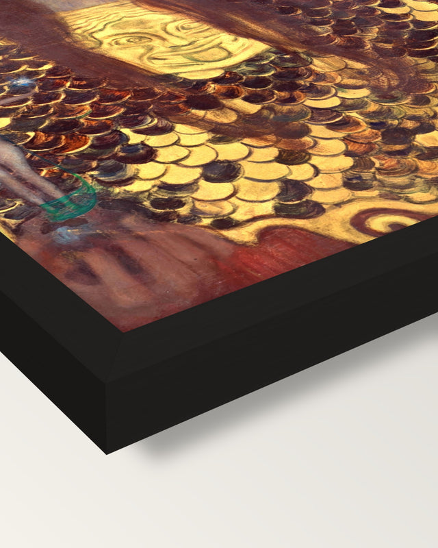 Pallas Athena by Gustav Klimt framed print, corner close-up: black moulding, mitred, the print set just below its edge