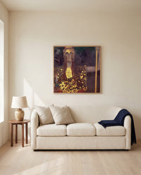Pallas Athena by Gustav Klimt framed in natural oak above a cream sofa in a warm living room