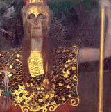 Pallas Athena by Gustav Klimt: the goddess in a gold helmet and scaled gold armour, holding a spear, on a dark ground